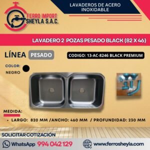 LAVADERO 2 POZAS PESADO BLACK (82 X 46)