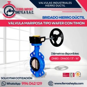 VÁLVULA MARIPOSA TIPO WAFER CON TIMÓN | BRIDADO HIERRO DÚCTIL